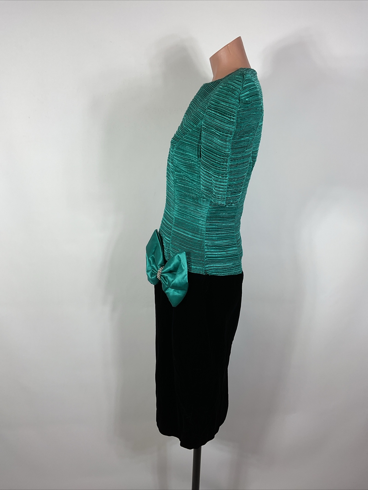 Opening Night Vintage 80s Teal Puffy Sleeve Velvet Prom Party Formal Dress 7/8