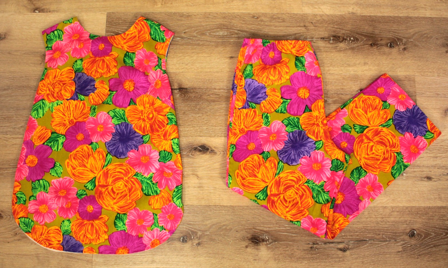 VTG Women’s 60s Orange Psychedelic Floral Top & Pants Set S/M 1960s Hawaiian