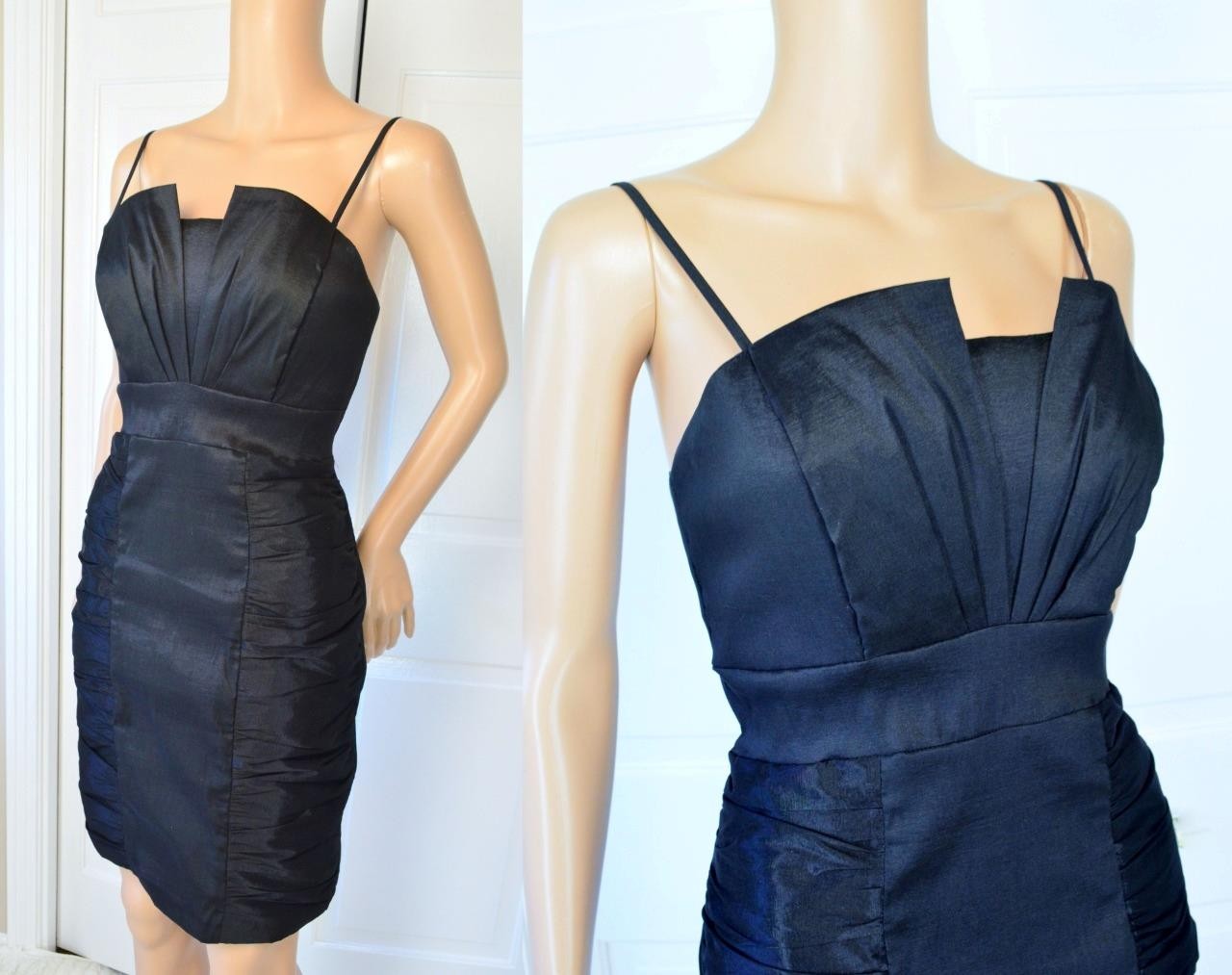 VTG 80s Eureka Black Mini Empire Ruched Shelf Bust Bandage Party Cocktail Dress