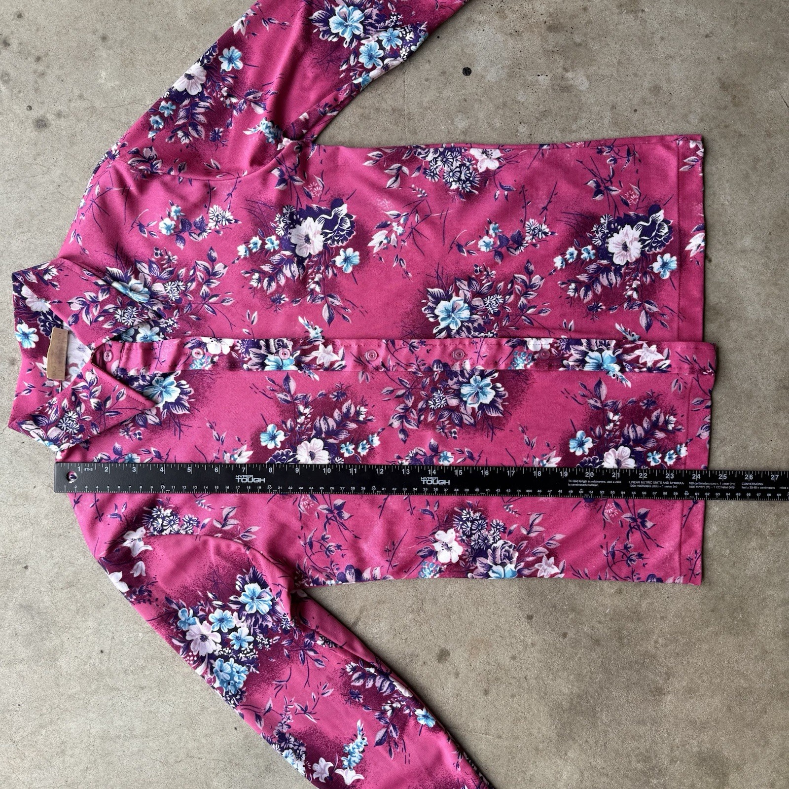 Disco Retro Vintage 70s Floral Blouse Pink Fuchsia Button Up Polyester Womens M