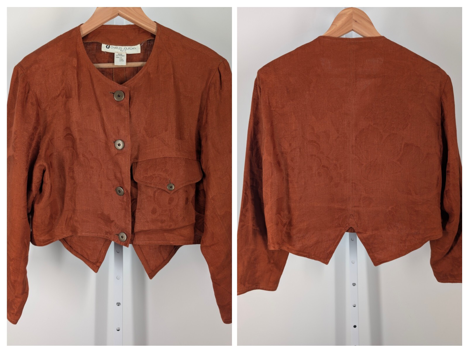 Charles Jourdan Vintage 80s Edwardian Boho Jacquard Linen Fruit Brown Jacket