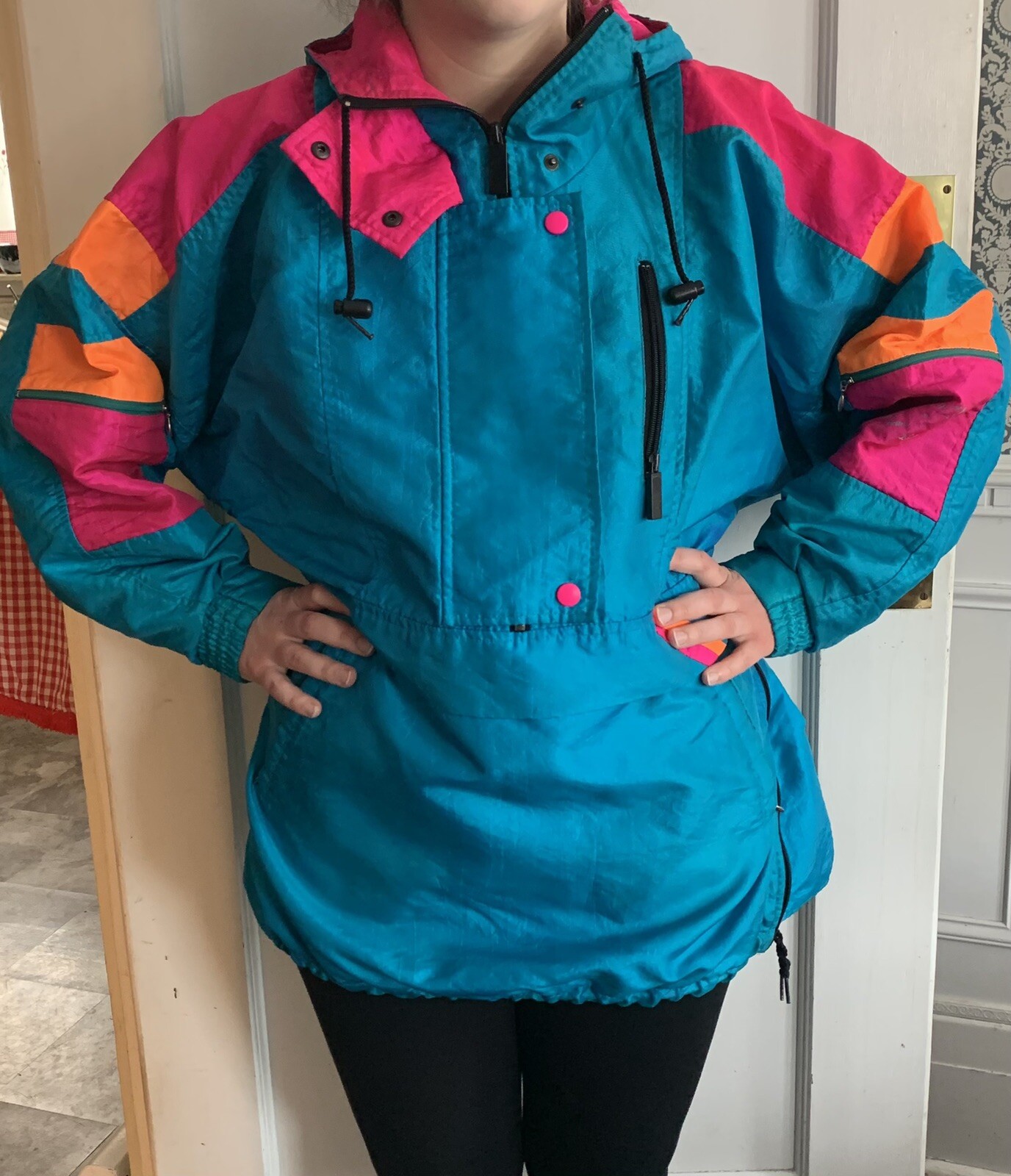 Sunbuster Performance Sports Apparel L ? Nylon Partial Zip Bright Turquoise Pnk