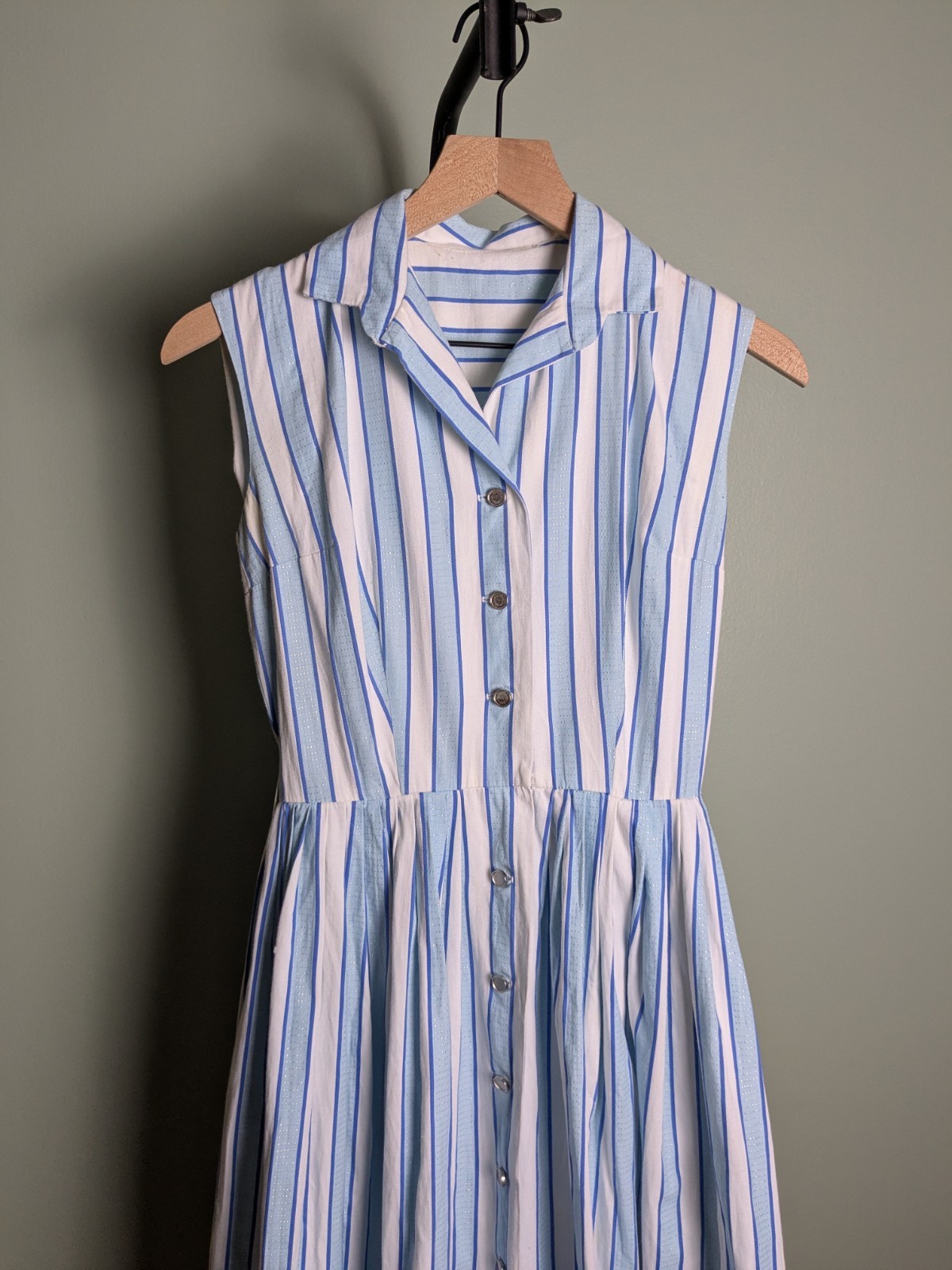 True Vintage Fit Flare Pastel Blue White Striped Shirtwaist Dress