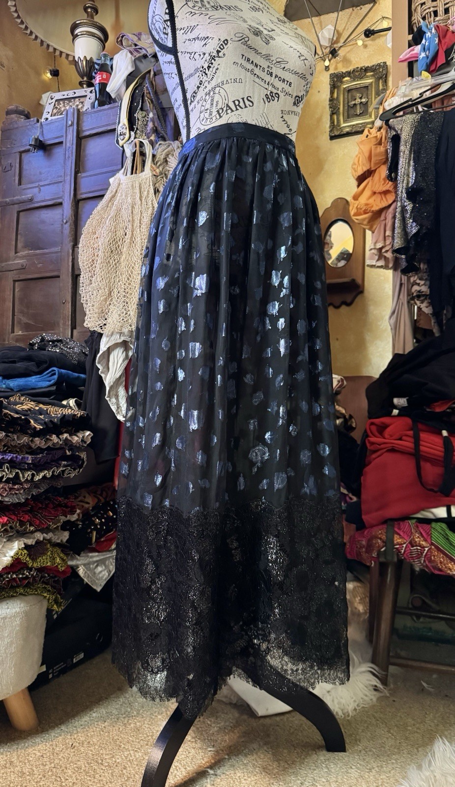 Vtg Geoffrey Beene Sheer Metallic Semi Black Maxi Silk Skirt Lined Lace Blue XS