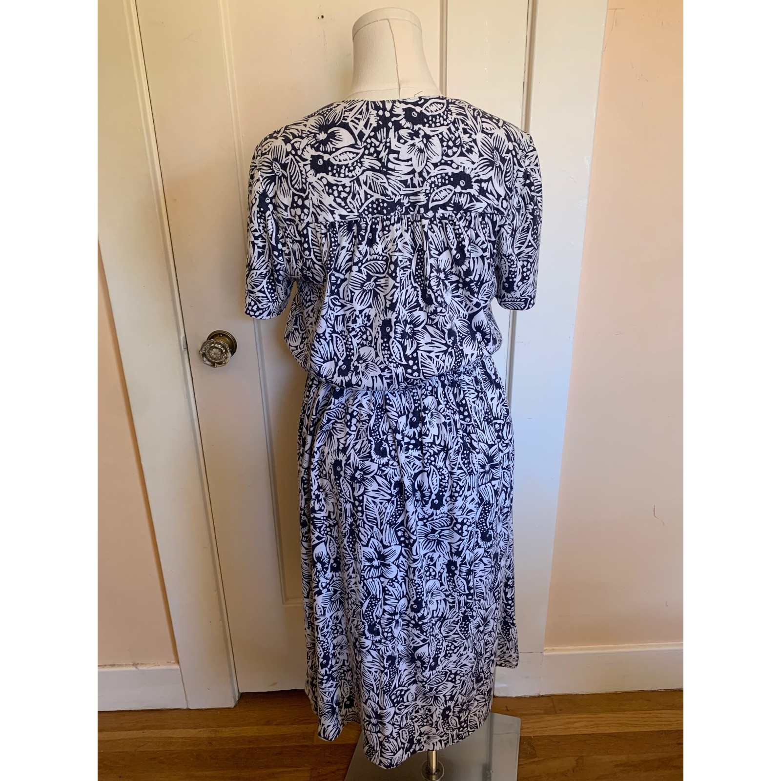 Virgo II Vintage 70s Floral Bird Print Midi Dress Blue White Union Made USA