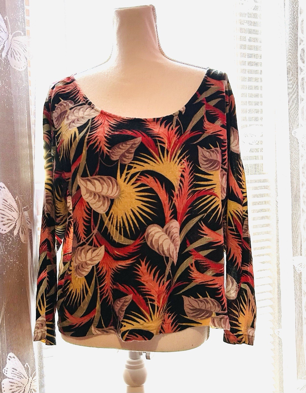 1980s Norma Kamali Barkcloth Rayon tropical print blouse VINTAGE EUC size L