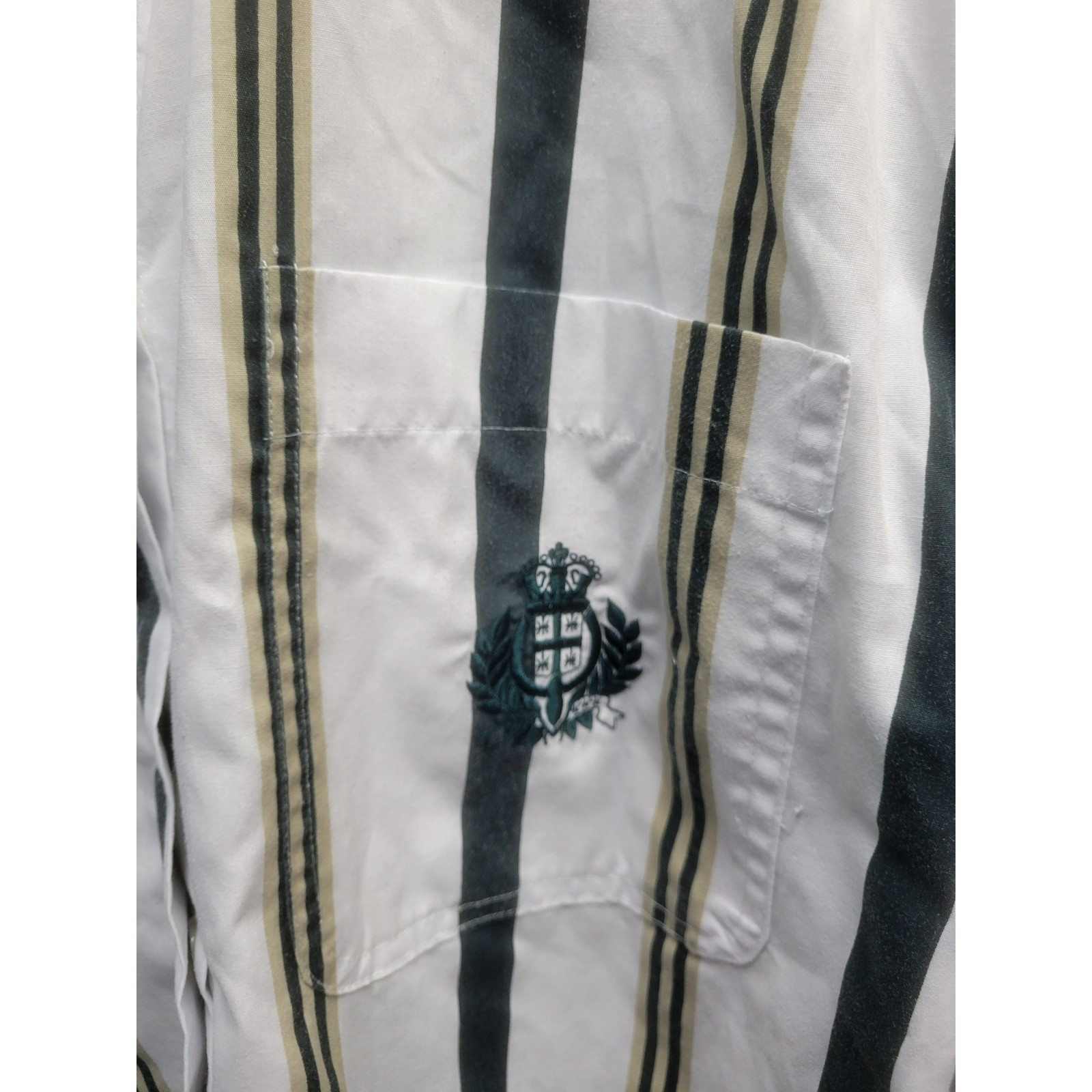 Bobbie Brooks Sport Striped Button Down Shirt White Green Tan Embroidered Crest