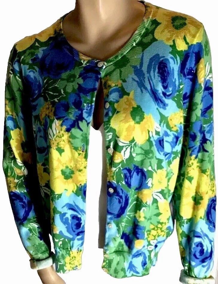 Ladies Lemon Yellow Sky Blue Cardigan 100% Supima Cotton Sz Small MCM
