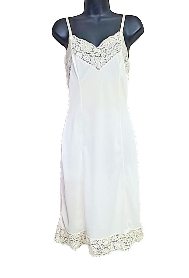 Vtg 60s 70s Wonder Maid Beige nylon full dress slip lace trim lingerie 34 READ