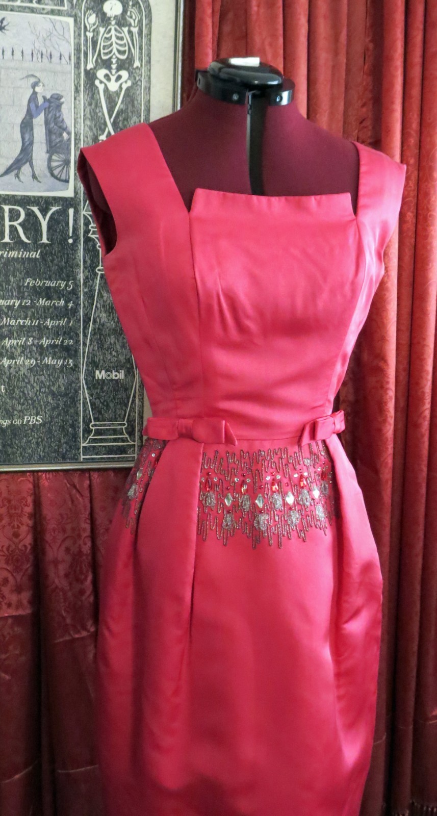 1950s 1960s Hot Pink 100% Silk Beaded Cocktail Party Dress Marjorie Michael S