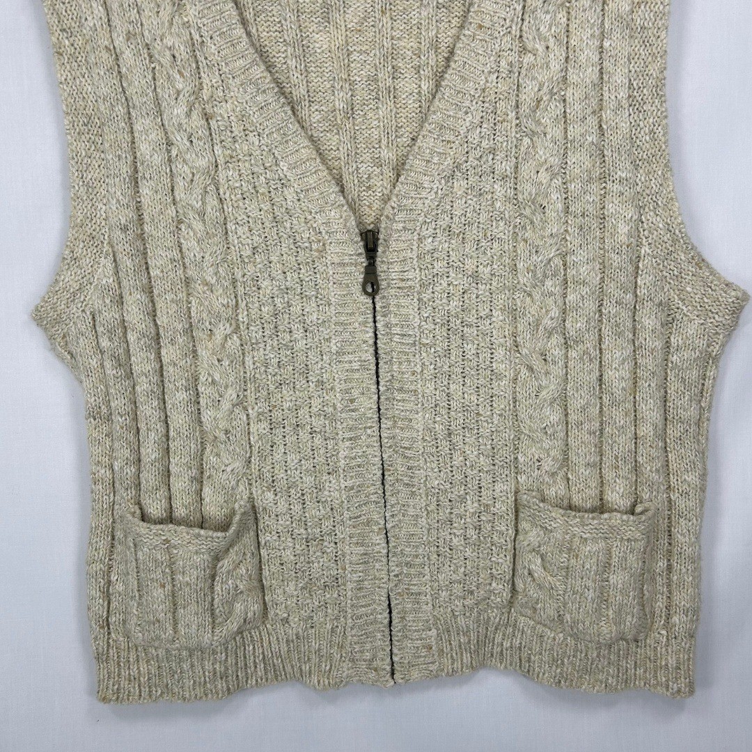 Vintage Lizwear Cable Knit Zip Front Sweater Vest – Cream Wool Blend Pockets (M)