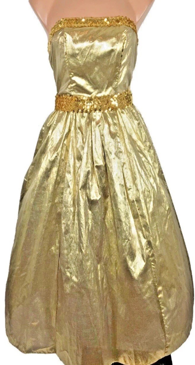 Vintage 80’s JC Penny Gold Lame Gown Party Prom Sequin Spaghetti Strap Dress XS