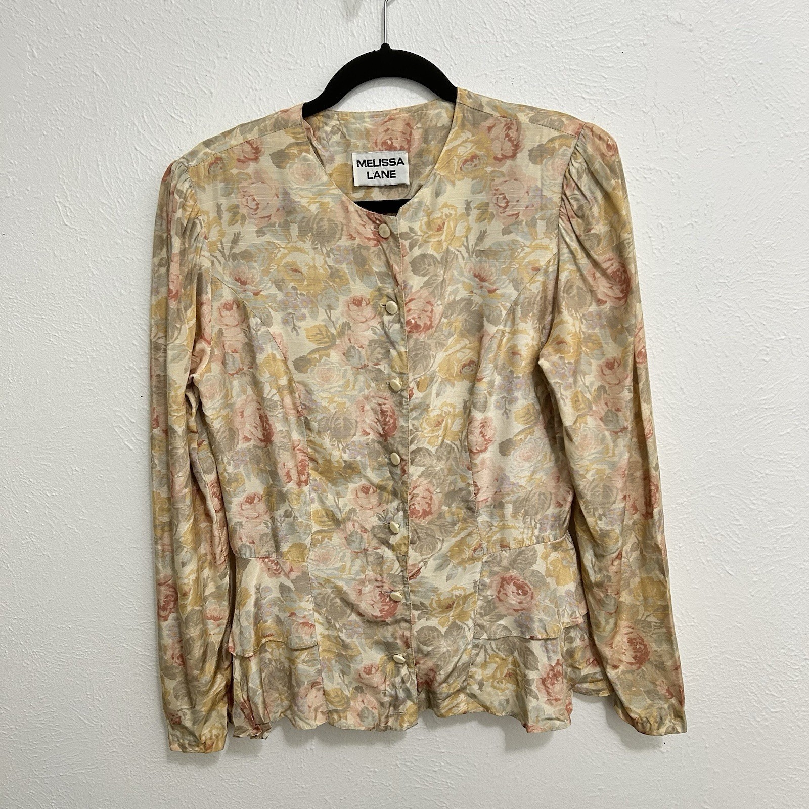 VTG Cream Ruffled Victorian Floral Top Blouse Shirt Size M Cottagecore Pastel