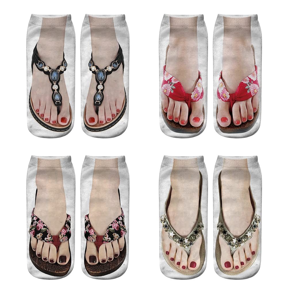 Srliya 4 Pairs Funny Flip Flop Socks- Manicure Print One Size Short, 4 Color