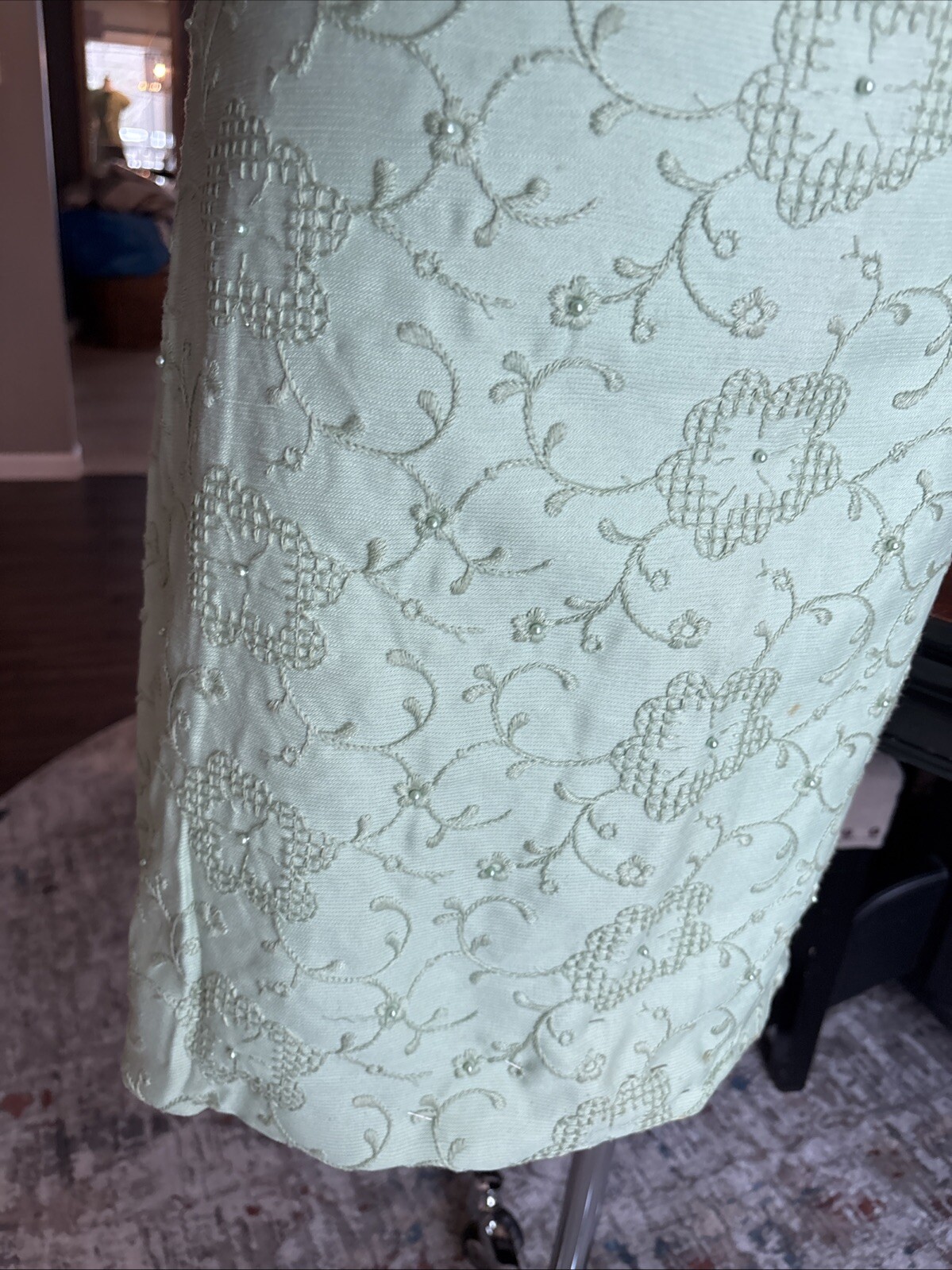 Vintage Embroidered Beaded Celery Green Midi Dress M Pencil Wiggle