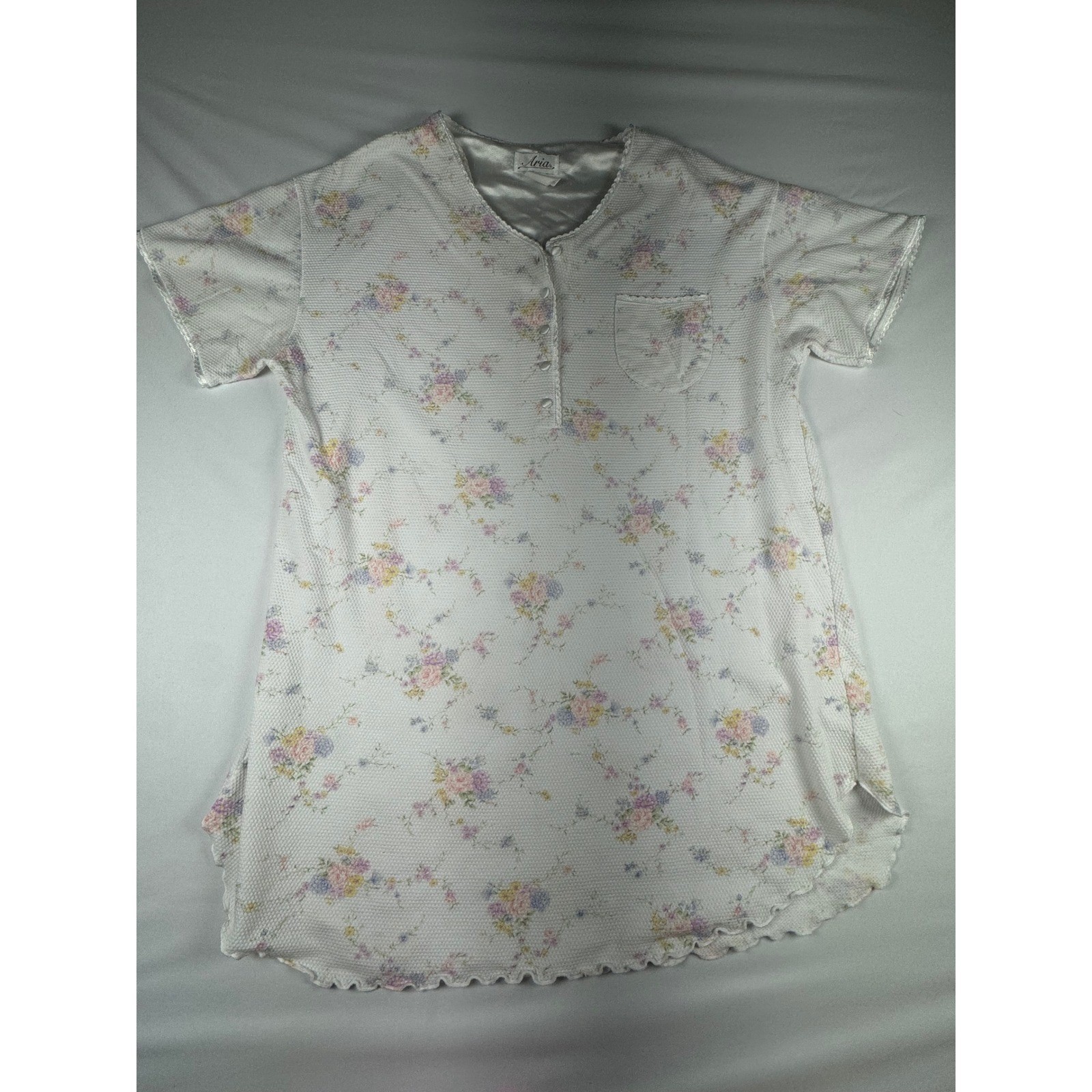 Aria Vintage Floral Waffle Knit Nightgown White Pink Blue Sleep Shirt XL