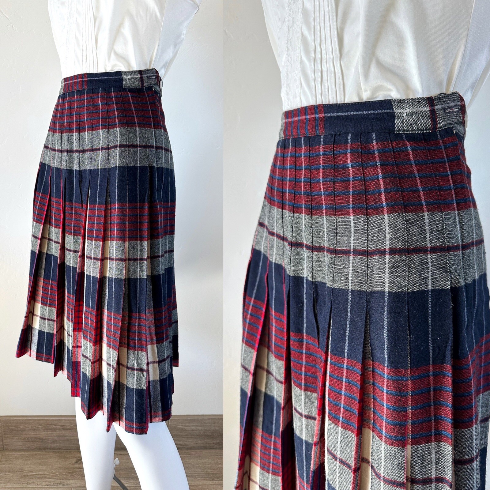 VTG 70S CENTURY OF BOSTON REVERSIBLE PLEATED PLAID SKIRT PREPPY FITS XS/0 24″W