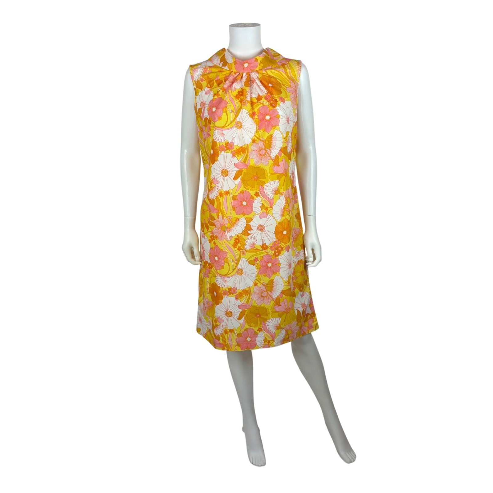 Vintage 60s Floral Shift Womens Large Pink Yellow Rolled Collar Knee Length