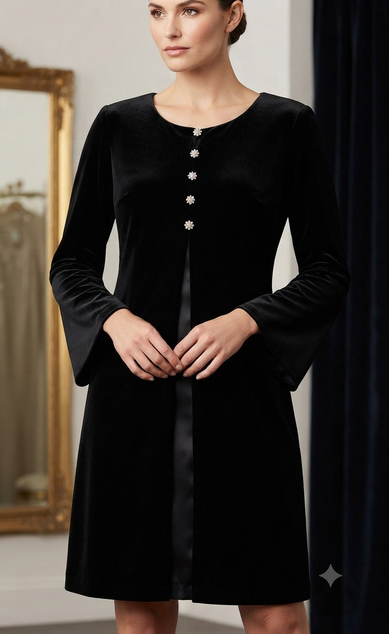 Vintage Filigree Ltd Black Velvet Dress Satin Lined Flower Button Size 8-10