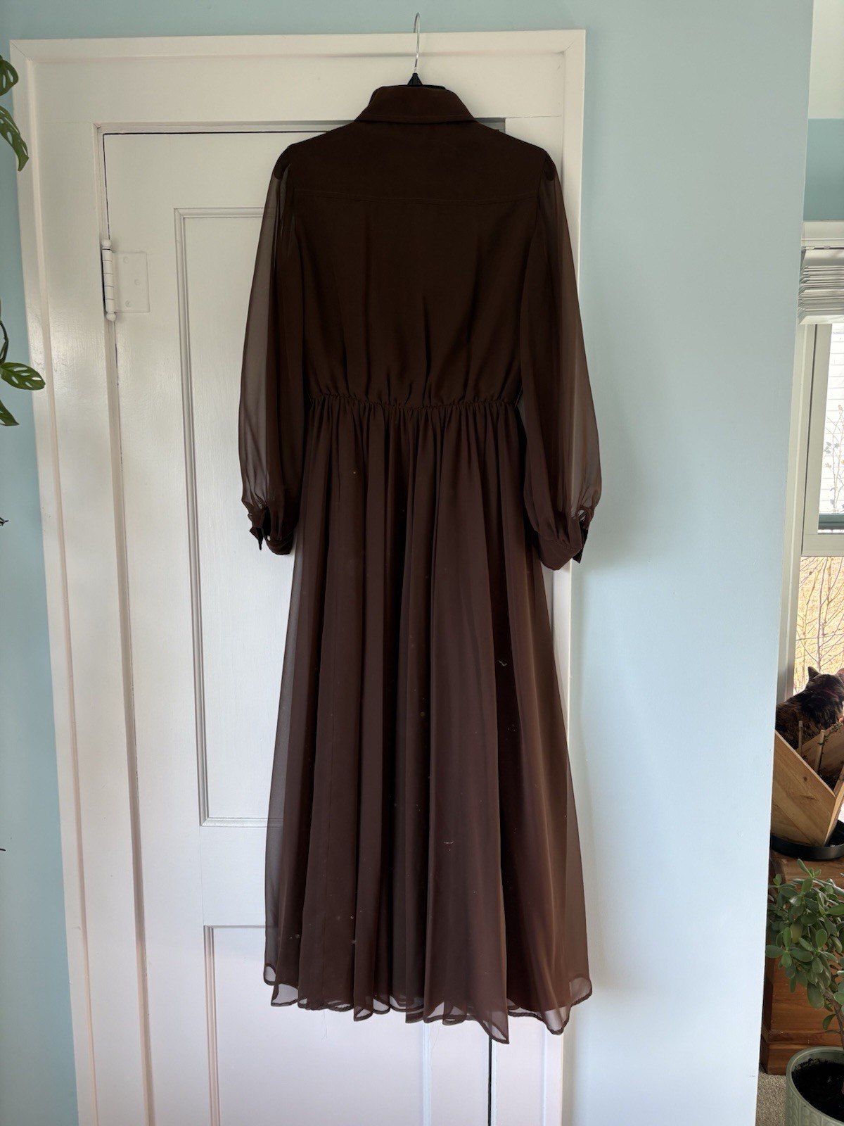 VTG 1960s Jack Bryan Chocolate Brown Pleated Chiffon Lantern Sleeve Midi Dress