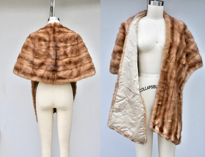 Vintage Mink Fur Stole Cape Capelet Wrap Shawl with Pockets 40s 50s Mid Century