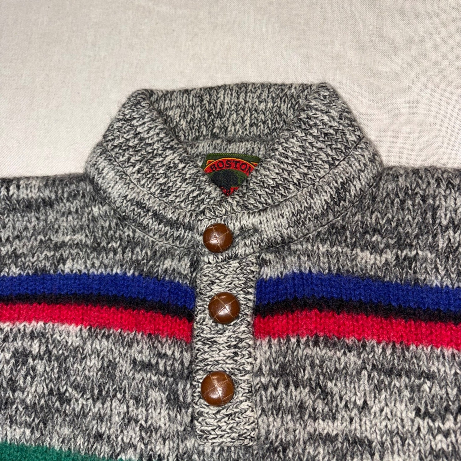 Boston Traders Vintage 100% Wool Striped Henley Sweater Womens Large Gray Multi