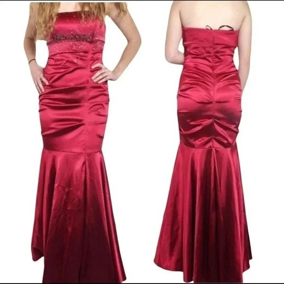 Vintage Blondie Nite 5 Red Strapless Formal Dress Gown Embellish Ruched Mermaid