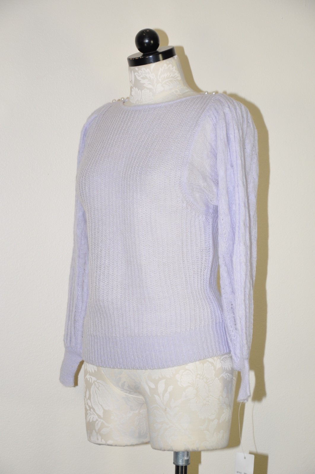 70s VTG Lavender Purple Mohair Puff Sleeve Pearl Buttons Knit Sweater Women XS