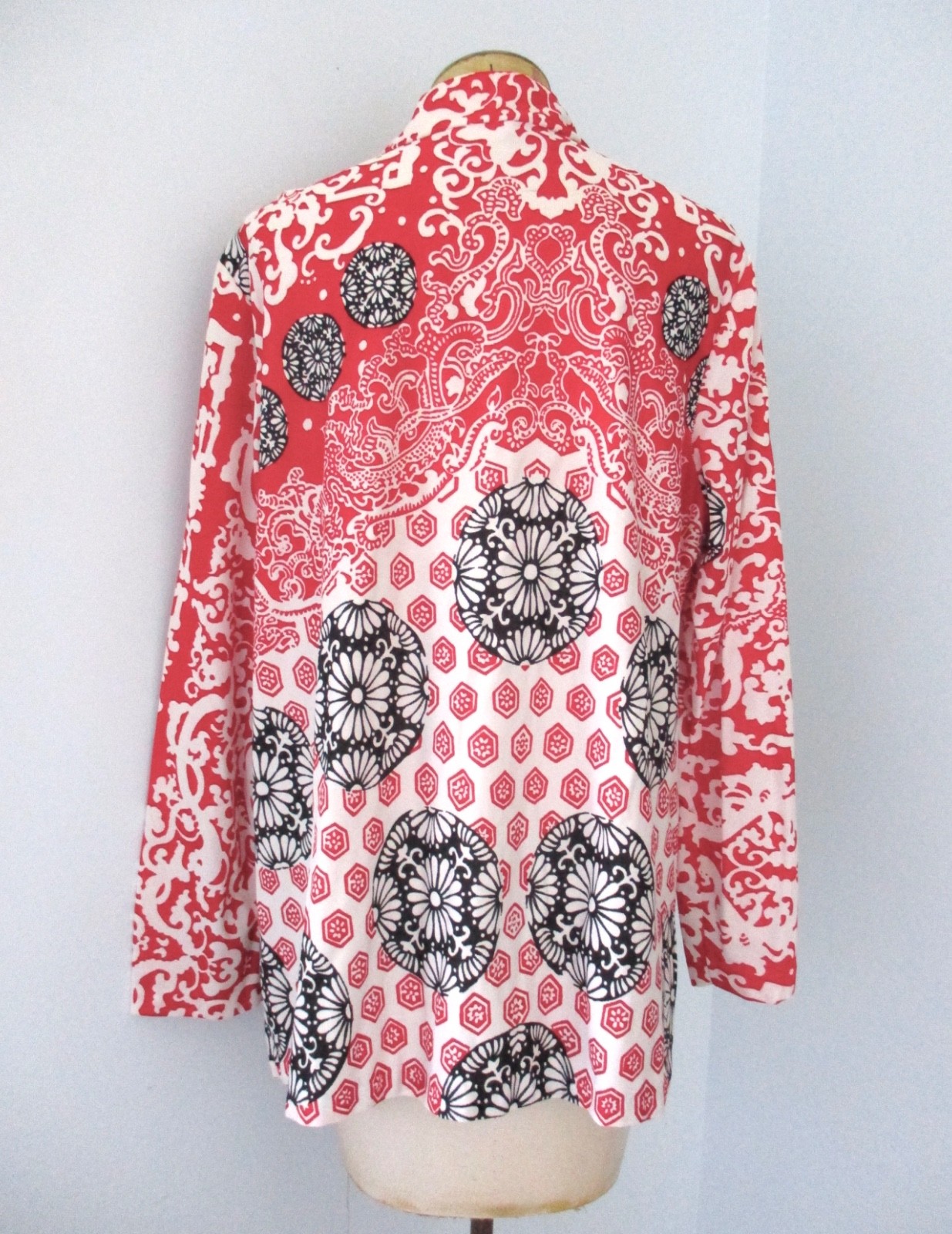 Vtg 60s 70s Sears Red Black White Geometric Asian Tunic Top Button Blouse XL