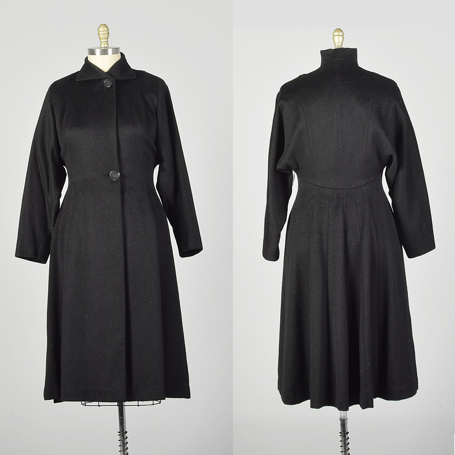 Large 1950s Princess Coat Black Wool Batwing Dolman Sleeve Winter VTG 50s