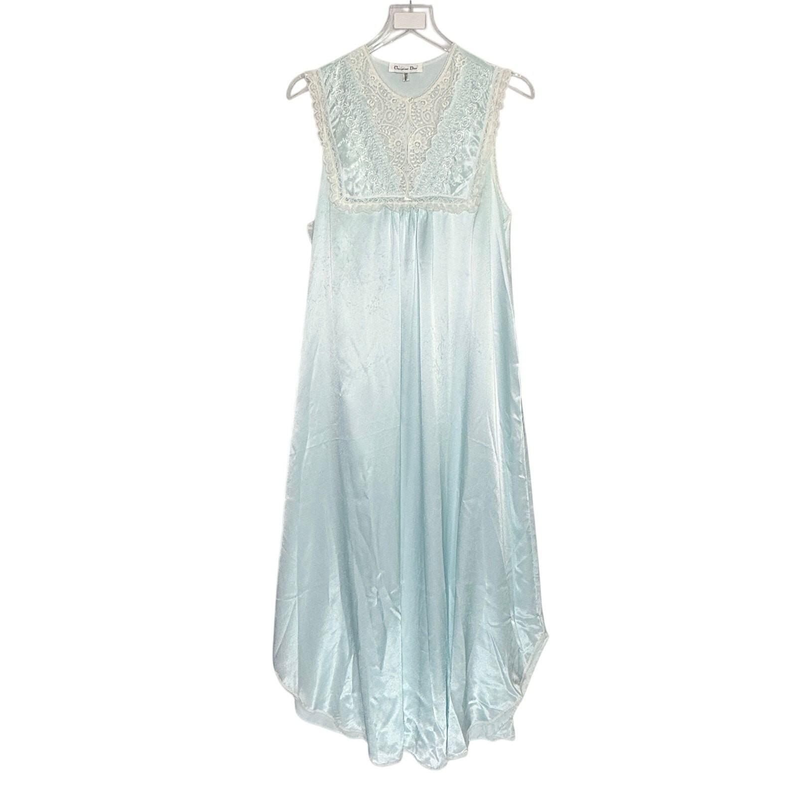 Christian Dior Vintage Nightgown Blue Green Satin Lace Trim L USA *flaw