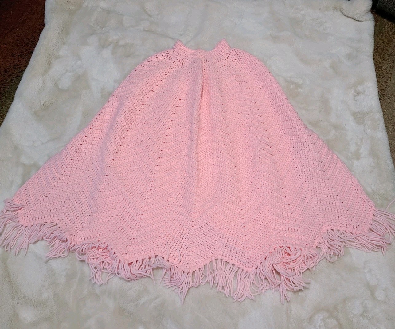 Pink Crochet Cape W/Fringe Button Front Handmade Vtg OSFM Cottage Core