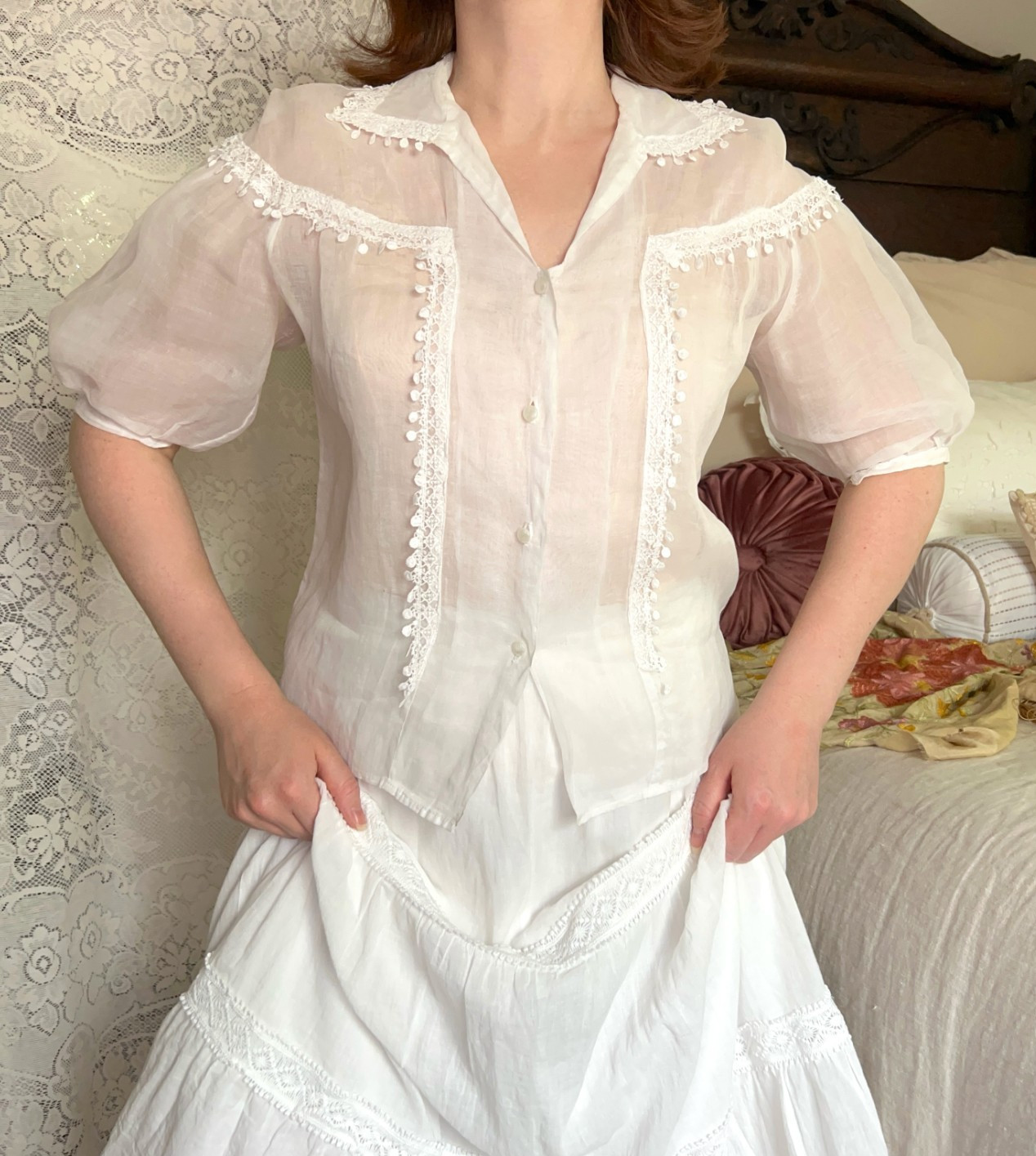 Vintage Sheer White Organdy Cotton Blouse, Edwardian Revival Lace Trim Top