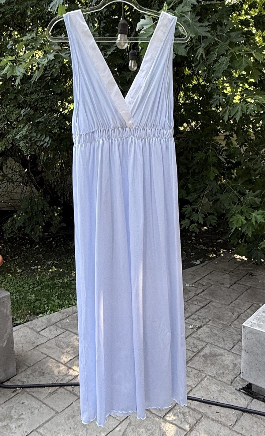 Vintage Light Blue Nylon Nightgown Lace Embroidered Maxi Gown USA Union Made L