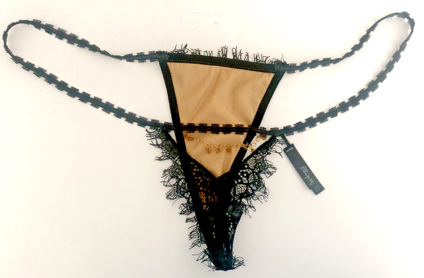 New Vtg ECLIPSE L Black Lace THONG PANTY Gold Faceted Bead Chain Beige Lined