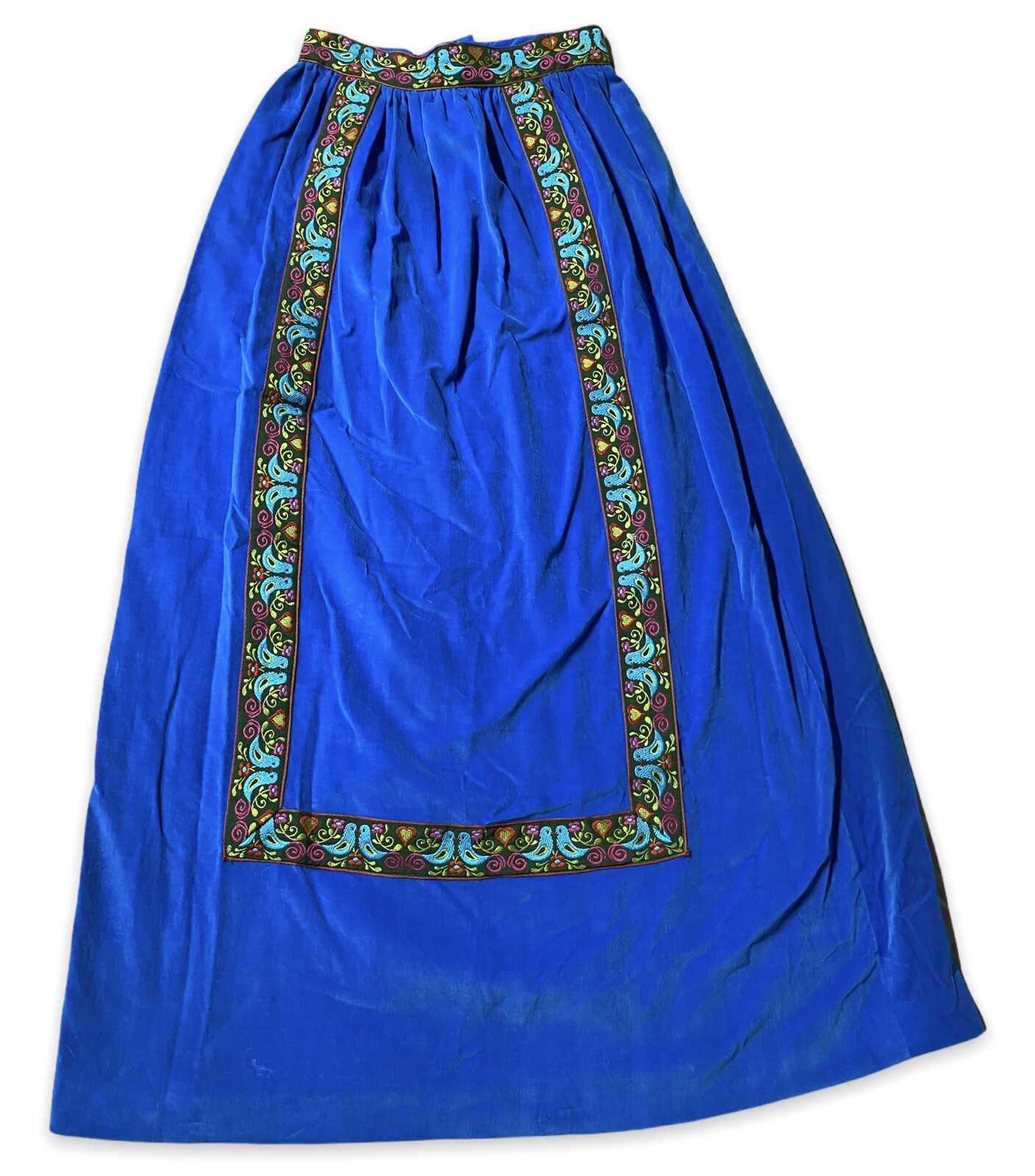 Vg 70s Velour BRIGHT Blue Plate SKIRT Boho FESTIVAL Ethnic Love Birds 26” Waist