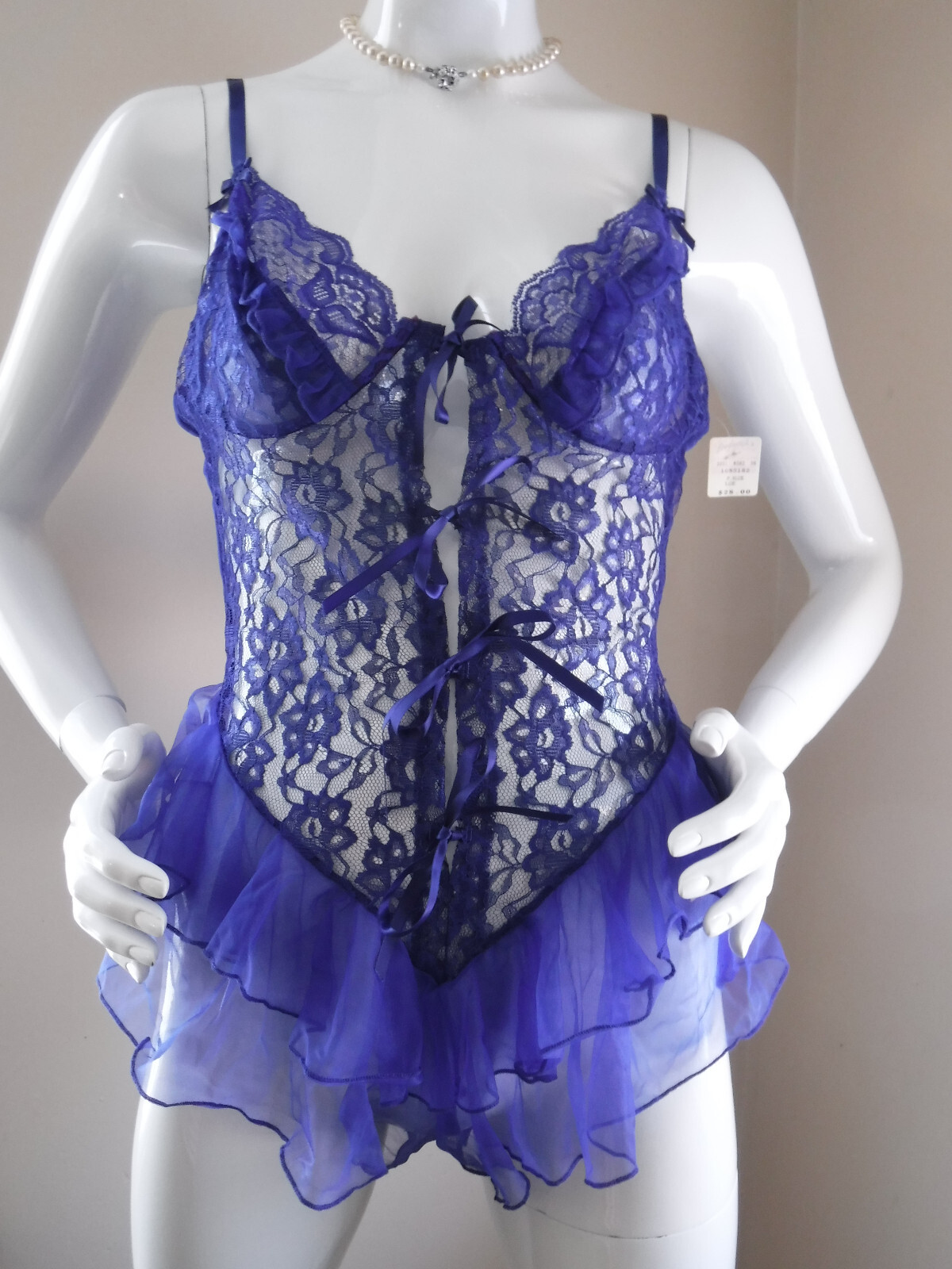 Frederick’s Of Hollywood VNTG 90’s New W/Tags Sapphire Blue Lace/Sheer Teddy Lg.