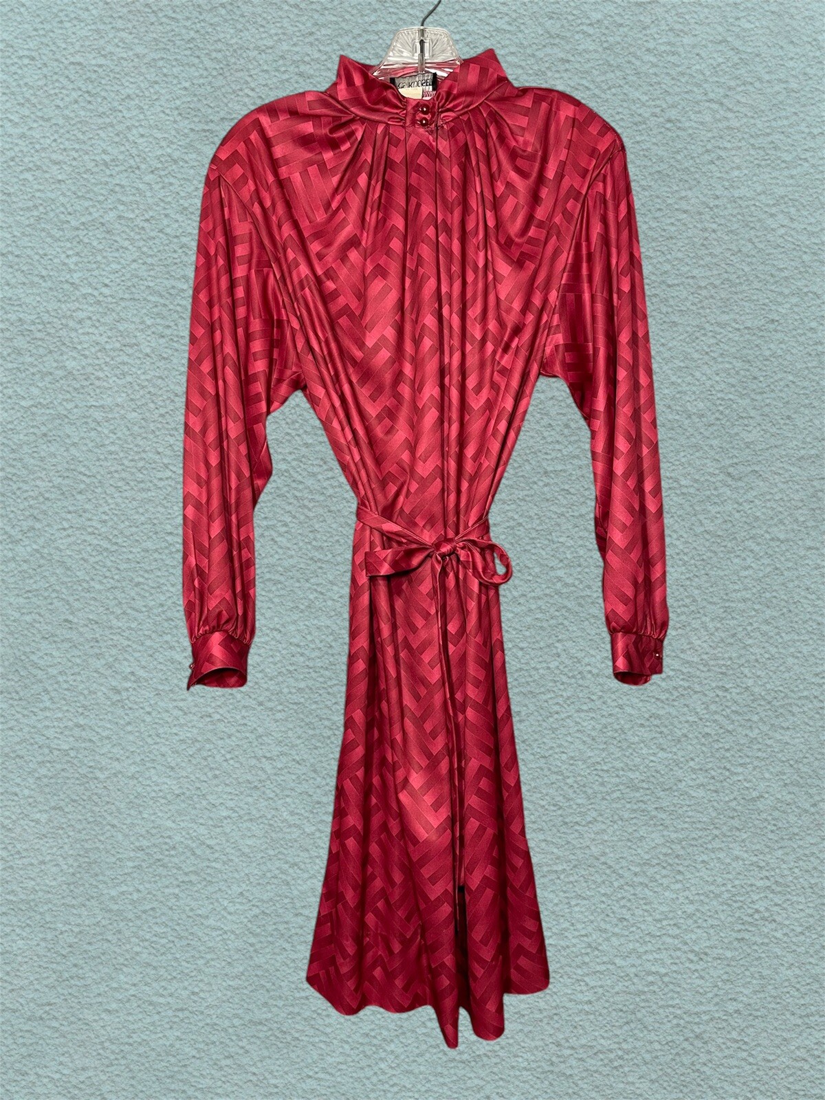 VTG 80s PKs Kloset Red Belted Dress Pleated Keyhole Neckline Long Sleeve 12 USA