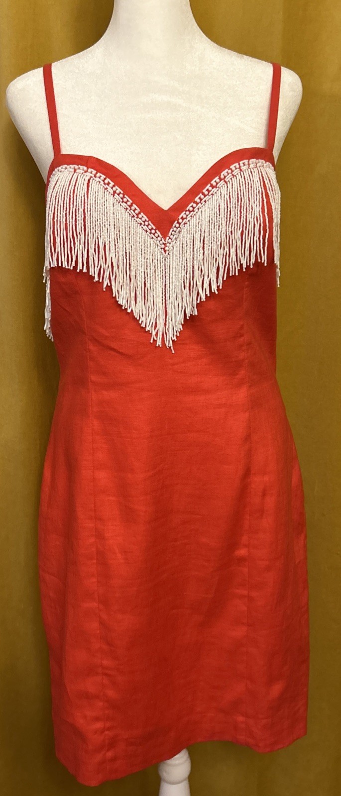 Vintage Pia Rucci Dress Red Linen Short White Beads Fringe Party 10 Medium 6/8