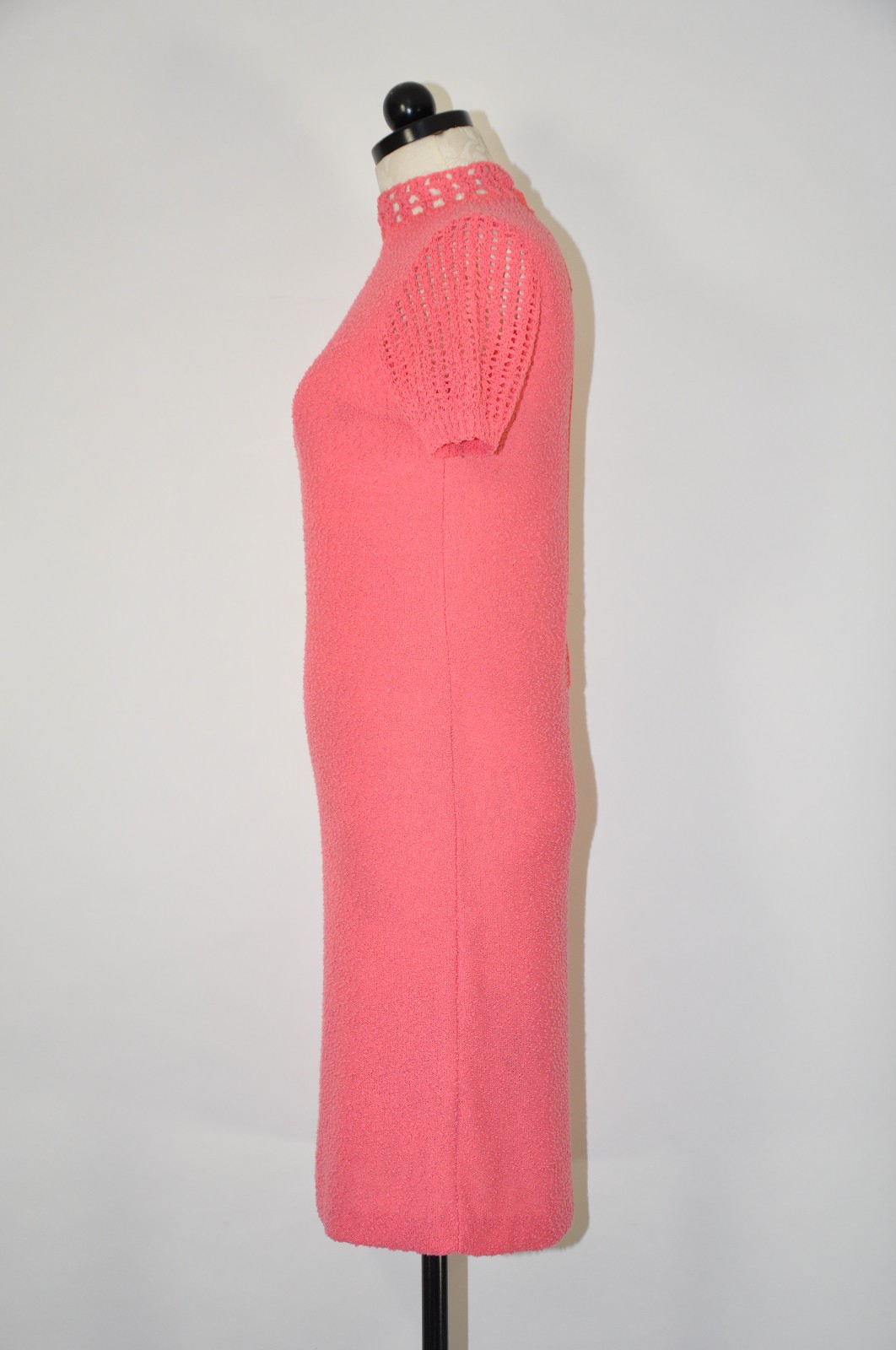 60s Vintage Salmon Pink Cotton Boucle Knit Short Sleeve Sweater Dress Women XS S