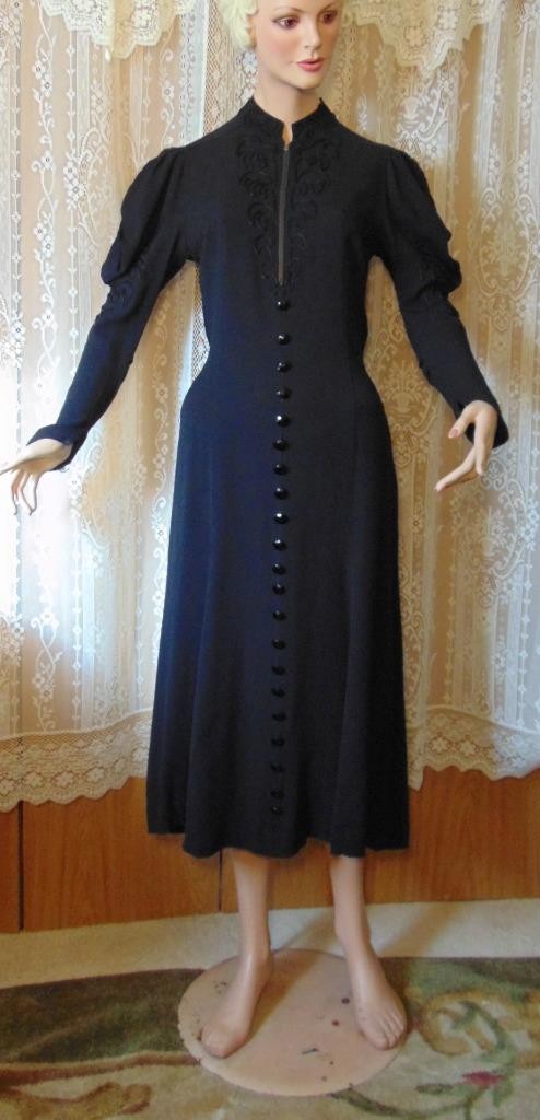 VTG 30s Black Crepe Dress Amazing Juliet Sleeves Soutache trim 36B has fade