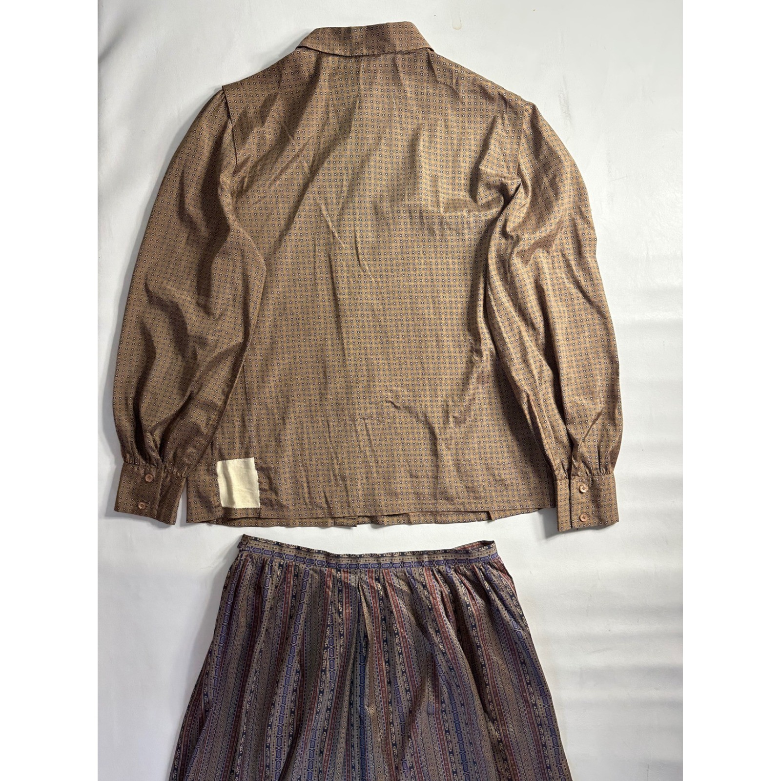 Dalton Vintage 2 Piece Skirt Set Brown Geometric Button Up Blouse Pleated Midi