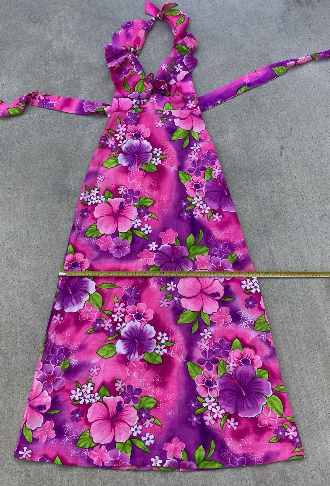Vintage Pomare Hawaii Acrylic Hawaiian Halter Dress Ruffle Top Tiki Aloha Pink