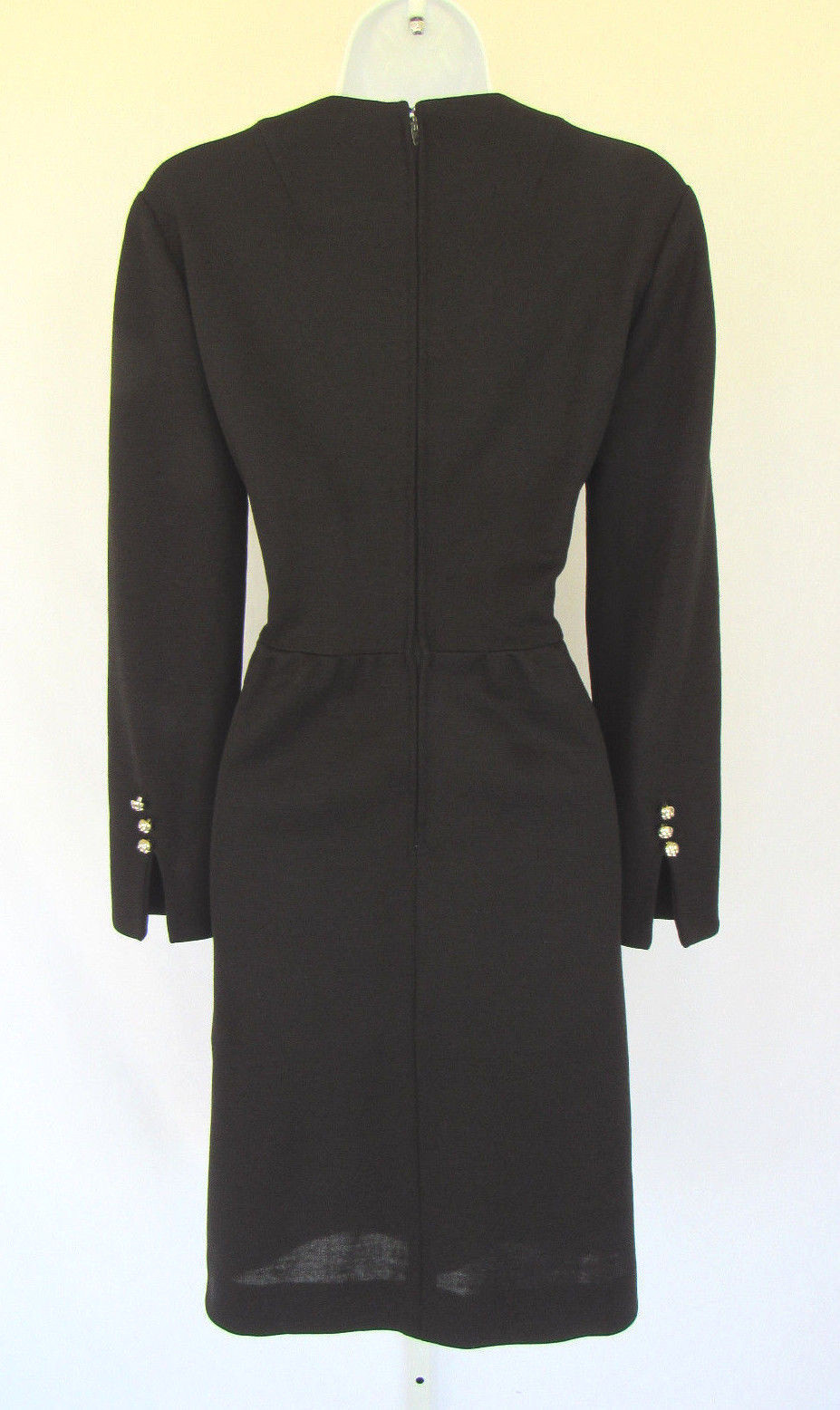 VTG 1960s DAVID WARREN NEW YORK DRESS BLACK RHINESTONE BUTTONS SIZE 14 POLY WOOL