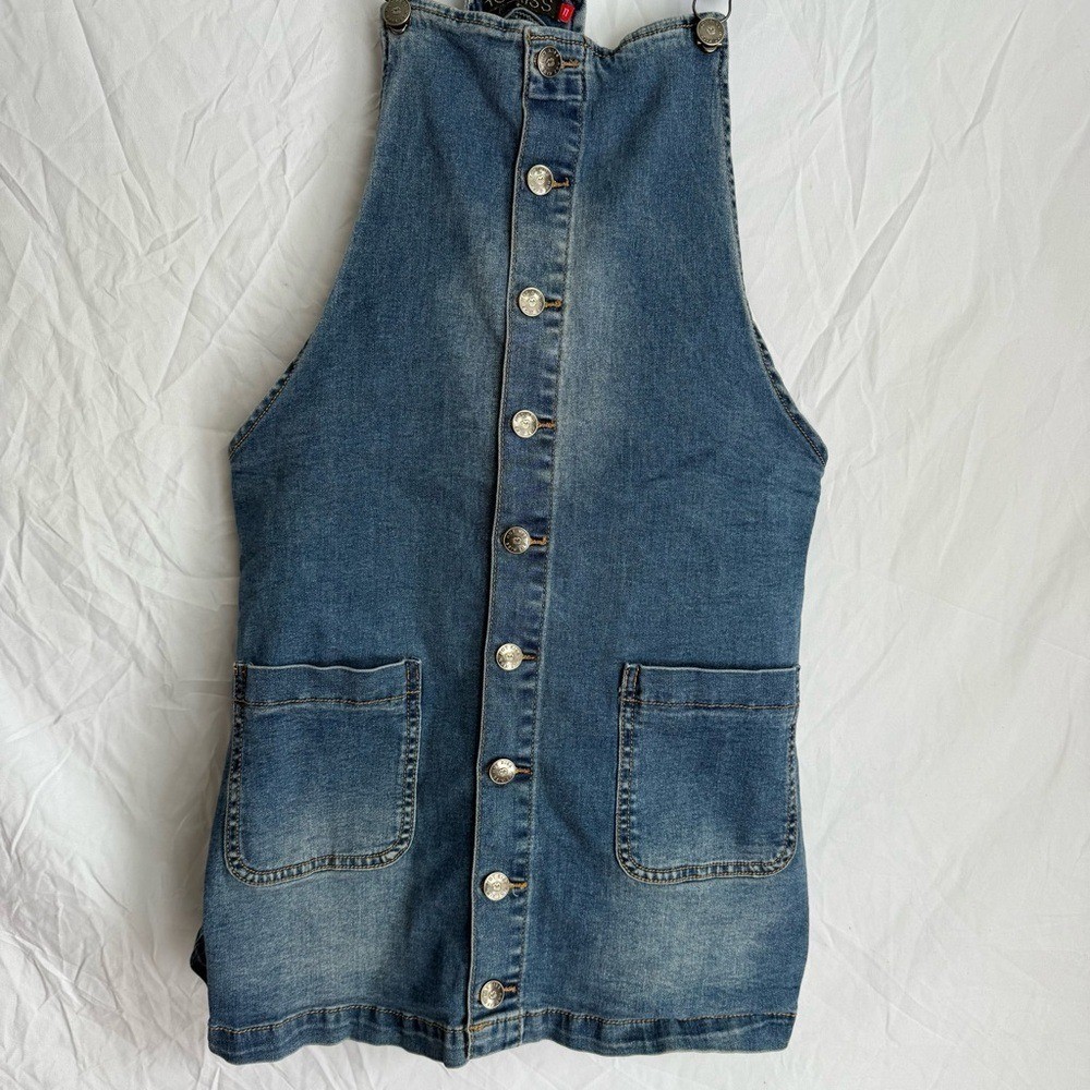 VTG Hot Kiss Y2K Button Down Bib Overall Jean Dress Mini Blue Denim Jumper Sz 11