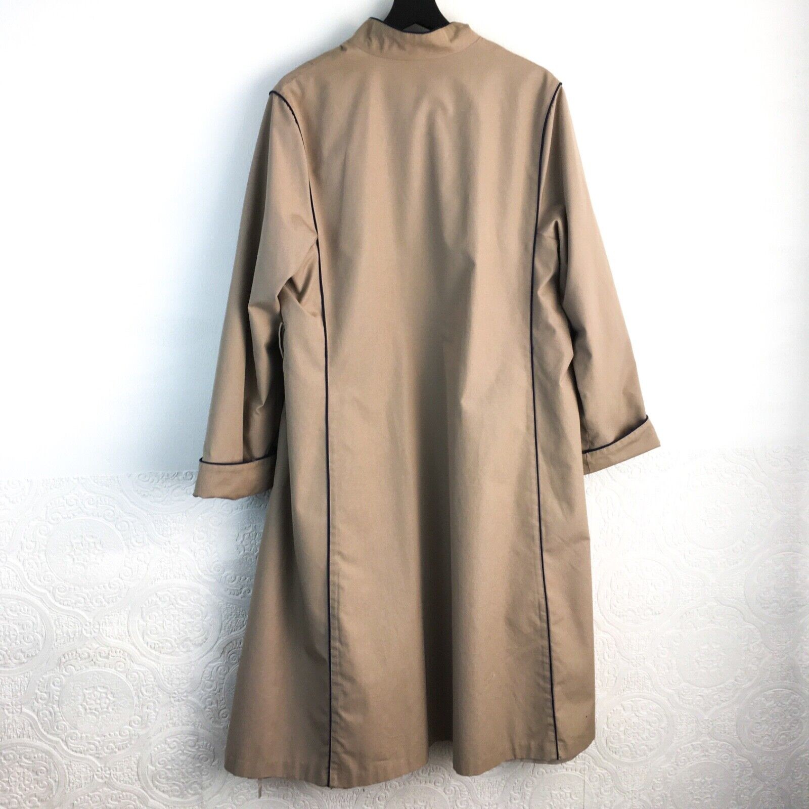 Vintage 70s khaki tan trench coat twill jacket women’s 10 mandarin collar toggle