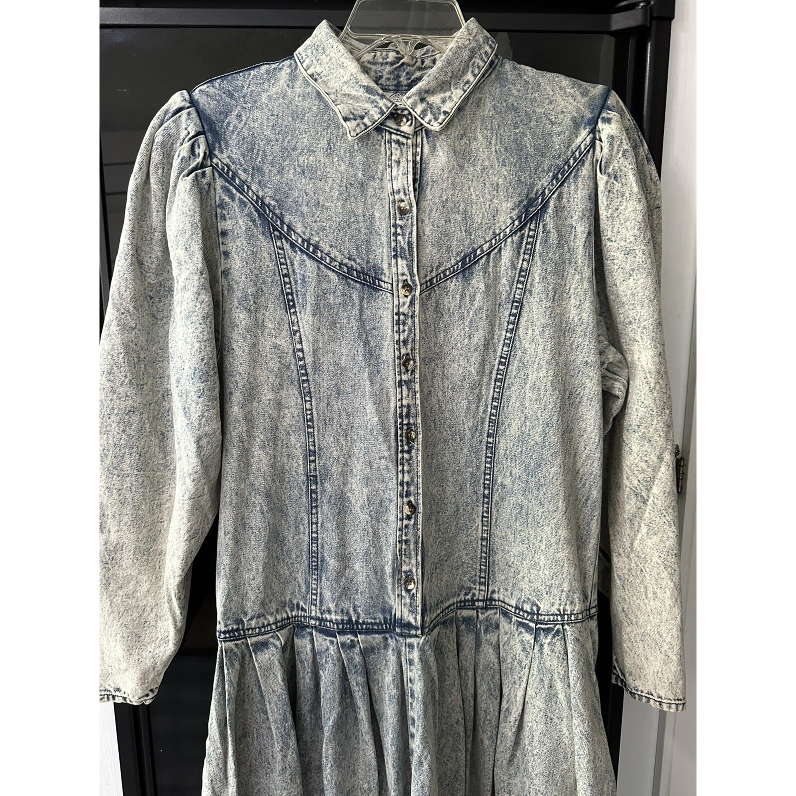 Vintage Desperado Acid Wash Denim Dress 80s Western Puff Sleeve Midi Blue Sz 11