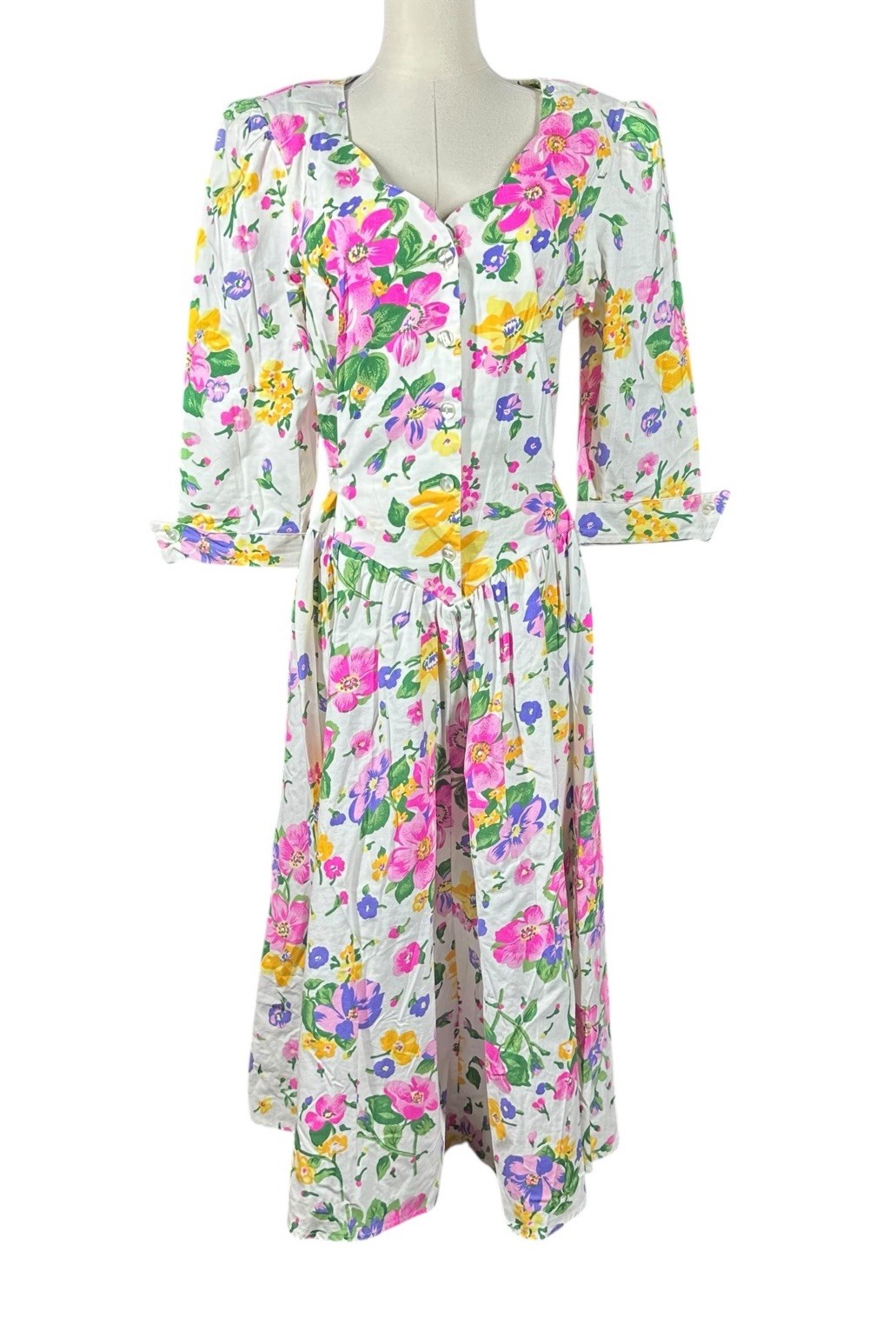 Vtg 80s Cottagecore White Pink Floral Midi Dress Drop Waist Shoulder Pads Sz 12
