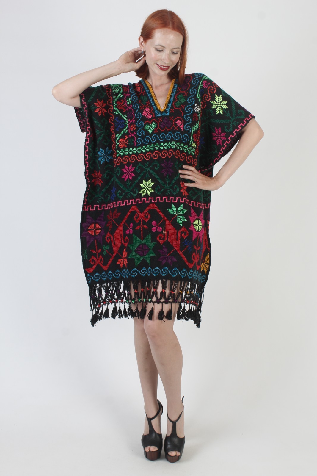 Vintage Black Mexican Kaftan Embroidered Fringe Oaxacan Sundress Woven Caftan