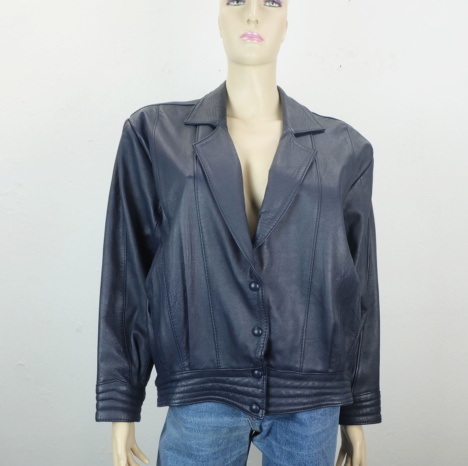 80s true vintage LEATHER JACKET blue oversized cut wide sleeves size S/M